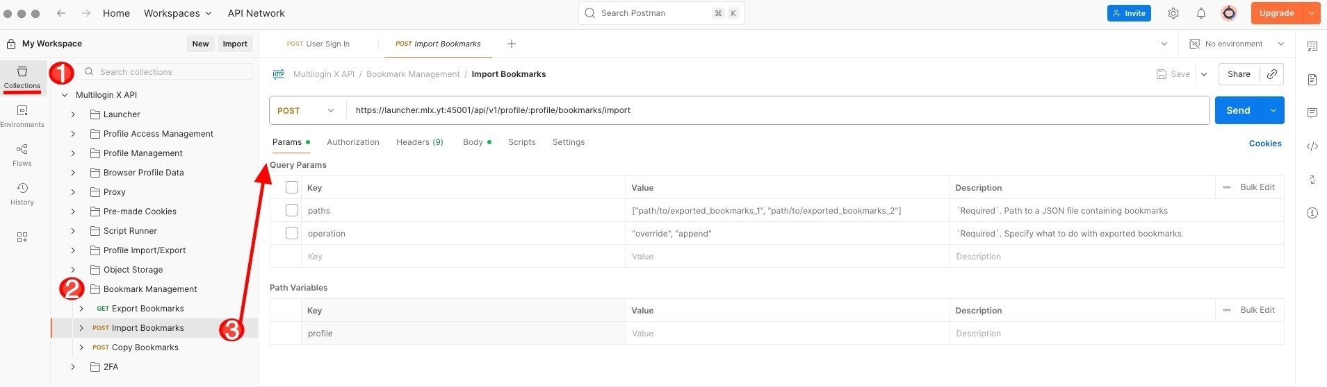 How to use bookmark manager in Multilogin reference visual 9